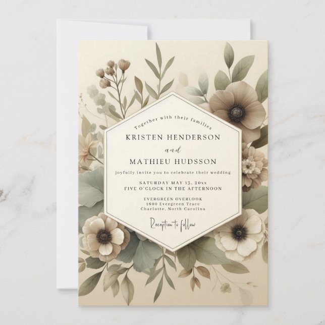 Taupe Woodland Bloom Wedding Inbjudningar (Framsida)