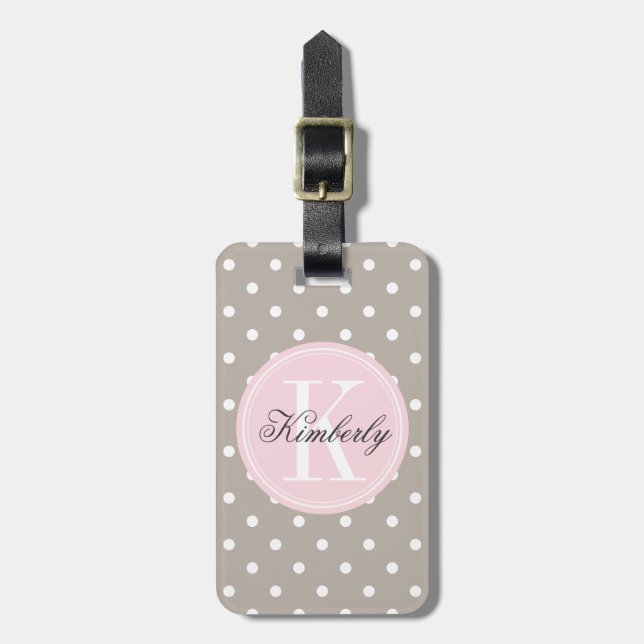 Taupepolkaen pricker med den rosa monogramen bagagebricka (Vertikal Framsida)