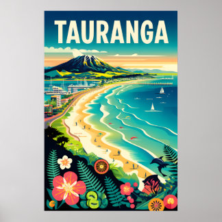 Tauranga Nya Zeeland Retro Resemaffisch Konst Poster