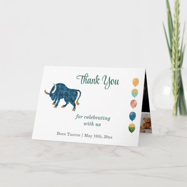 Taurus 1-års födelsedag Guld & Foto Tack Kort (Framsida)