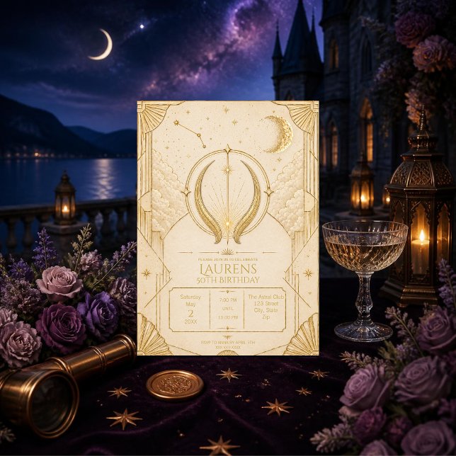 Taurus 50-års födelsedagsinbjudan Guld Kräm Stjärn Inbjudningar (Elegant Taurus 50th invitation with gold celestial details for a timeless milestone celebration.)