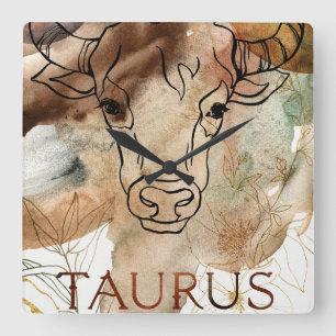Taurus bull brun blomma blommor från guld, astrolo fyrkantig klocka
