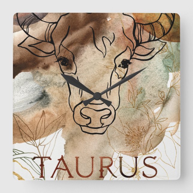 Taurus bull brun blomma blommor från guld, astrolo fyrkantig klocka (Framsida)
