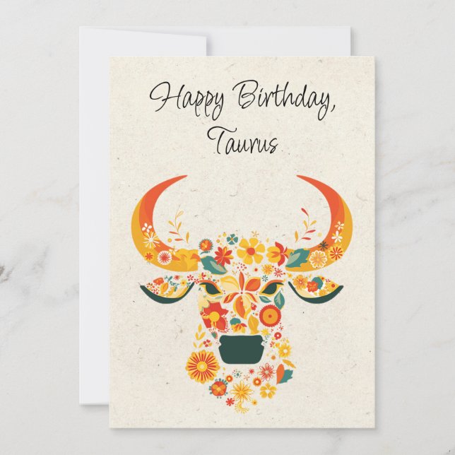 Taurus Bull Zodiac Blommigt Birthday Card (Framsida)