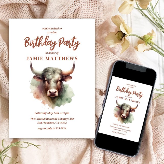 Taurus Bull Zodiac-signerad Födelsedagsfest Inbjudningar (Watercolor Taurus Zodiac-Themed Party Collection | 5x7 Invitations Prints & Digital Shown Here)