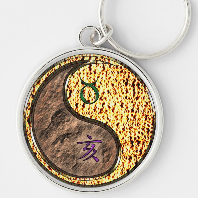 Taurus & Fire Boar Rund Silverfärgad Nyckelring (Framsidan)