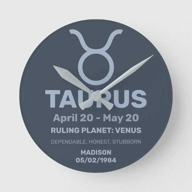 Taurus för eget namn/textzodiactecken rund klocka (Framsida)