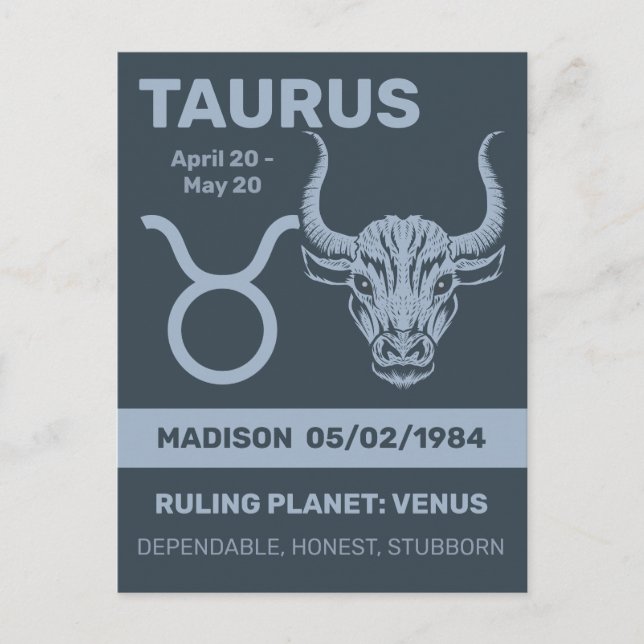 Taurus för eget namn/textzodiactecken vykort (Framsida)