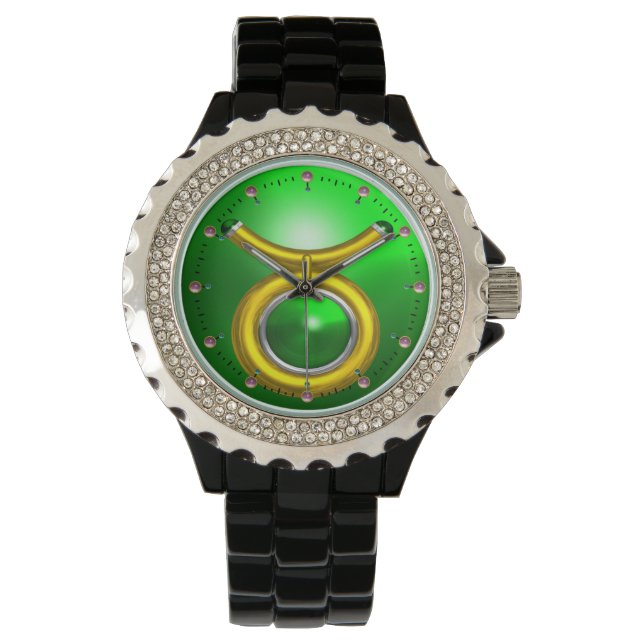 TAURUS GULD ZODIAC BIRTHDAY JEWEL,Grönt Emerald Armbandsur (Framsida)