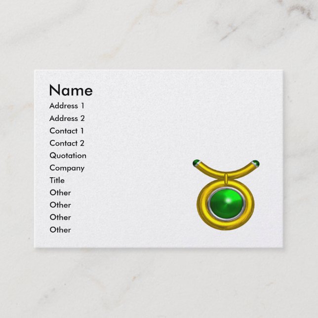 TAURUS GULD ZODIAC JEWEL Grönt Emerald Black White Visitkort (Framsida)