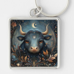 Taurus Oxe Zodiak Astrologi Celestial Födelsedag Fyrkantig Silverfärgad Nyckelring