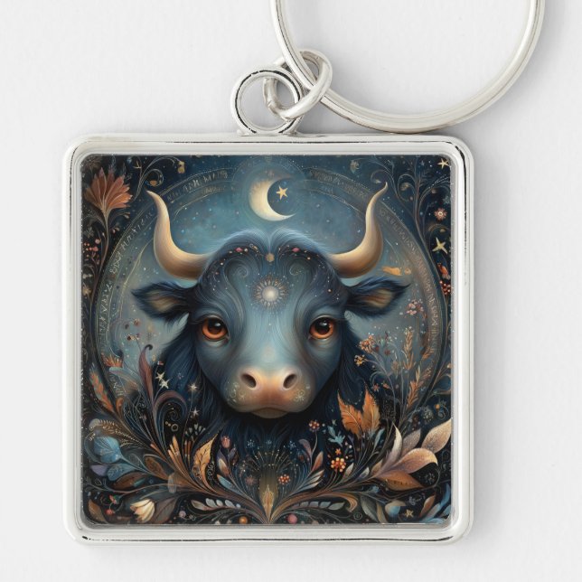 Taurus Oxe Zodiak Astrologi Celestial Födelsedag Fyrkantig Silverfärgad Nyckelring (Framsidan)