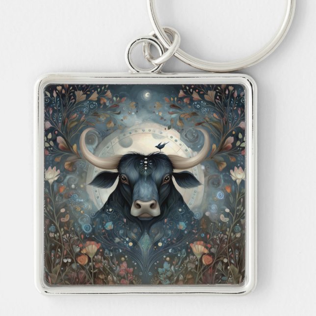 Taurus Oxe Zodiak Astrologi Mystisk Födelsedag Fyrkantig Silverfärgad Nyckelring (Framsidan)