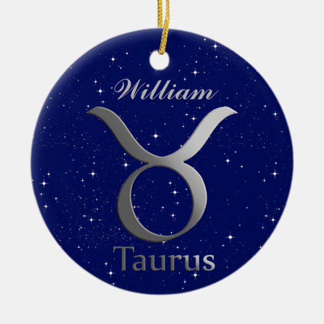 Taurus Sol-teckensymbol med Namn Julgransprydnad Keramik (Framsidan)