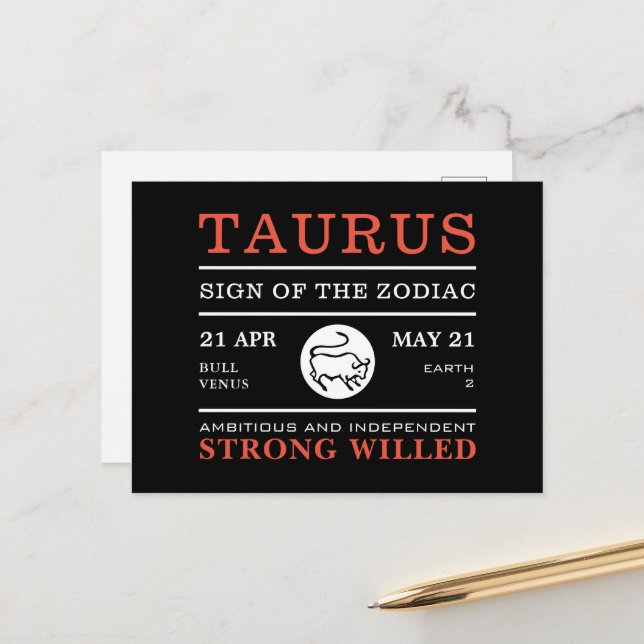 Taurus-tecken på Zodiac, Astrologisk Vykort (Fram/Back In Situ)