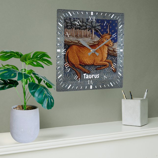 Taurus the Bull Zodiac Sign Födelsedagsfest Fyrkantig Klocka (Taurus the Bull Zodiac Sign Birthday Party Square Wall Clock)