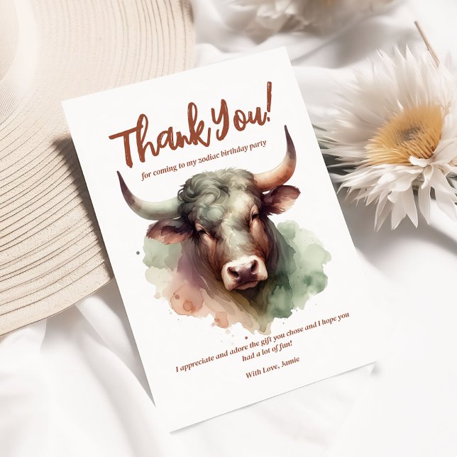 Taurus Watercolor Ram Zodiac Thned Födelsedagsfest Tack Kort (Coordinate Your Taurus Zodiac-Themed Party with Extras Like These Thank You Cards!)