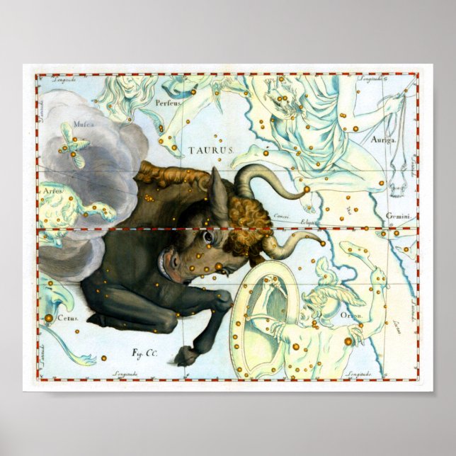Taurus Zodiac Antique Star Chart Poster (Framsidan)