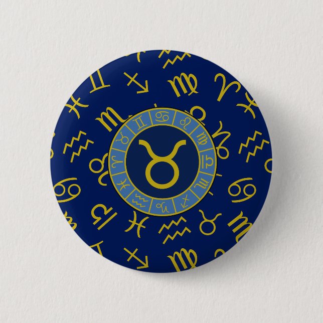 Taurus Zodiac+Astrology Symbols Mönster Guld+Blues Knapp (Framsida)