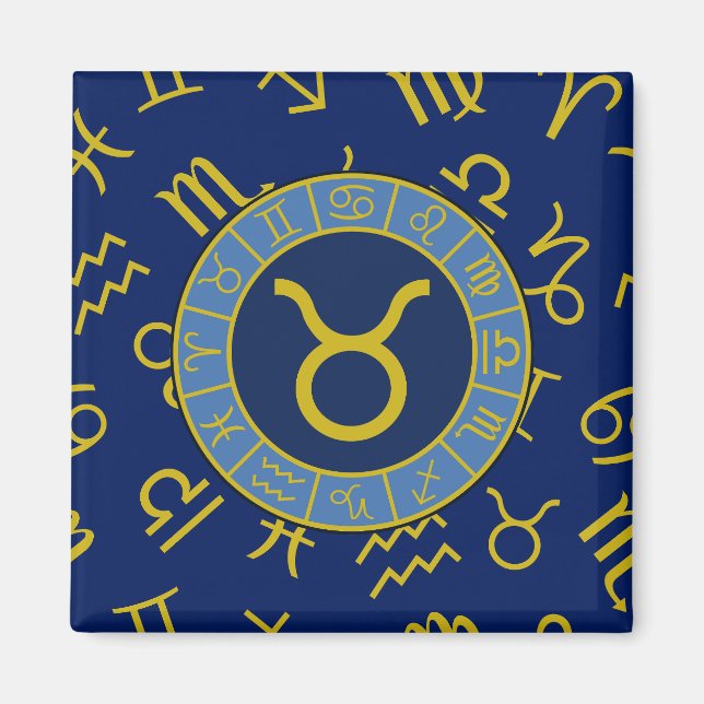 Taurus Zodiac+Astrology Symbols Mönster Guld+Blues Magnet (Framsidan)