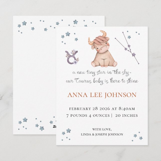 Taurus Zodiac Birth Announcement Julkort (Fram/baksida)