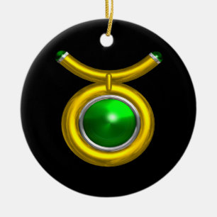TAURUS ZODIAC BIRTHDAY JEWEL GRÖNT EMERALD Guld Julgransprydnad Keramik