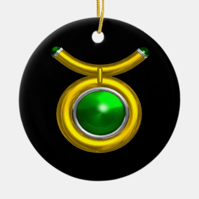 TAURUS ZODIAC BIRTHDAY JEWEL GRÖNT EMERALD Guld Julgransprydnad Keramik (Framsidan)