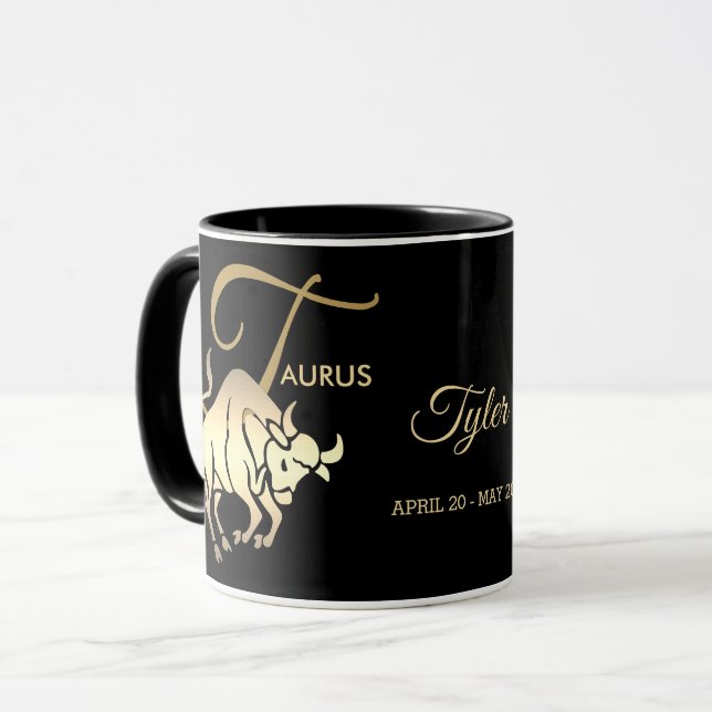 Taurus ♉ Zodiac Birthday Sign / Black and Guld Mugg (Framsida vänster)