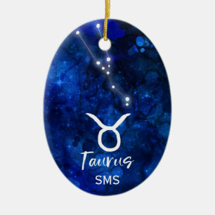 Taurus Zodiac Constellation Blue Galaxy Monogram Julgransprydnad Keramik