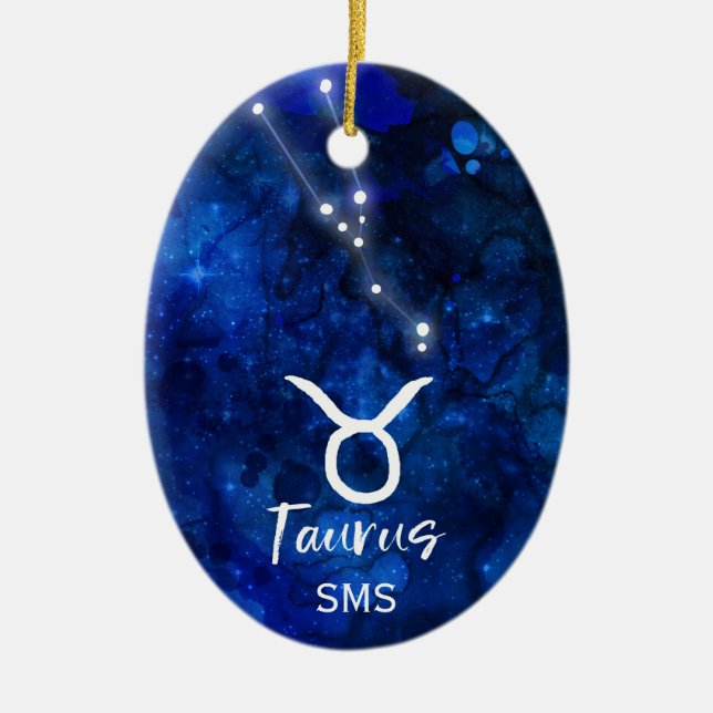 Taurus Zodiac Constellation Blue Galaxy Monogram Julgransprydnad Keramik (Framsidan)