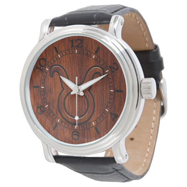 Taurus Zodiac-inloggning på Mahogany Stil Dial Armbandsur (Vinklad)