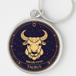 Taurus Zodiac Keychain with Birth Date Rund Silverfärgad Nyckelring