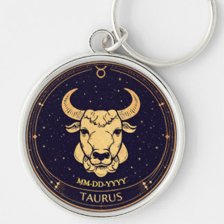 Taurus Zodiac Keychain with Birth Date Rund Silverfärgad Nyckelring
