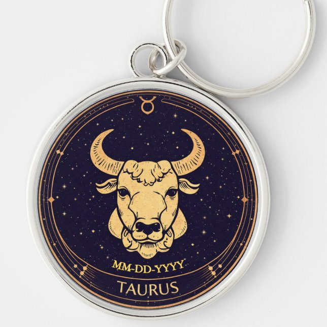 Taurus Zodiac Keychain with Birth Date Rund Silverfärgad Nyckelring (Framsidan)