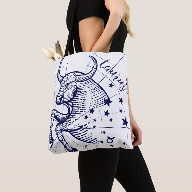 Taurus Zodiac Navy & Guld Monochrome Graphic Tote Tygkasse (Närbild)