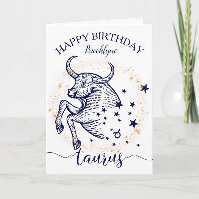 Taurus Zodiac Navy & Guld monokrome Birthday Card Kort (Framsida)