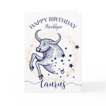 Taurus Zodiac Navy & Guld monokrome Birthday Card