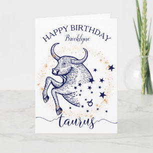 Taurus Zodiac Navy & Guld monokrome Birthday Card Kort