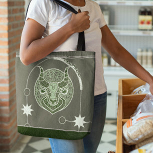 Taurus Zodiac Sign Grönt och White Mandala Tygkasse