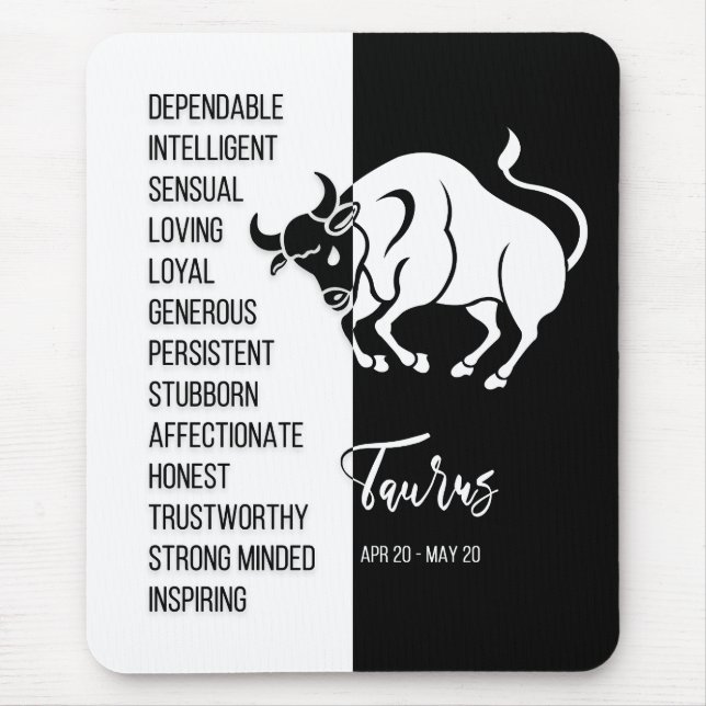 Taurus Zodiac Sign Mousepad, Black & White Musmatta (Framsidan)