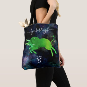 Taurus Zodiac Signera Cosmic Monogram Namn Grönt G Tygkasse