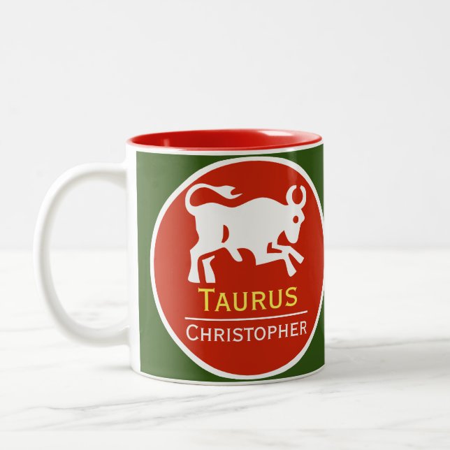 Taurus Zodiac-Stjärntecken med Owners Namn Två-Tonad Mugg (Vänster)