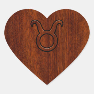 Taurus Zodiac Symbol i Mahogany Stil print Hjärtformat Klistermärke