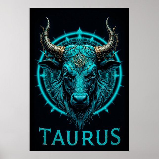 Taurus Zodiac-symbol i Vibrant Blue och Guld Acce Poster (Framsidan)
