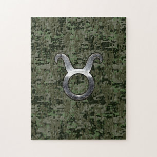 Taurus Zodiac-symbol på Grönt Digital Camo Pussel