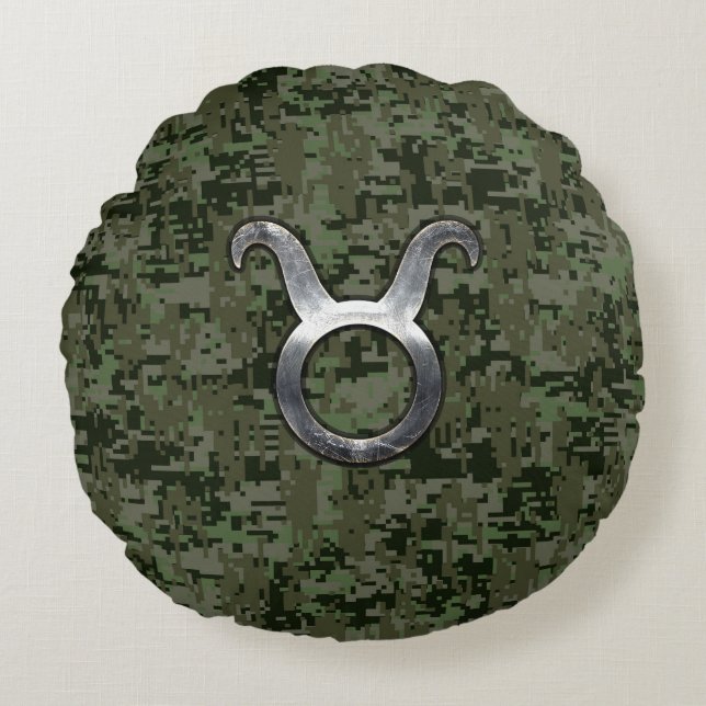 Taurus Zodiac-symbol på Grönt Digital Camo Rund Kudde (Framsidan)