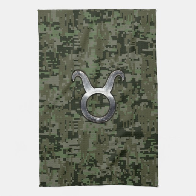 Taurus Zodiac-symbol på Grönt Digital Camouflage Kökshandduk (Vertikal)
