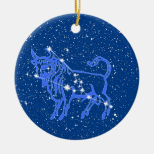 Taurus Zodiac-tecken med stjärnor på djupt blå Julgransprydnad Keramik