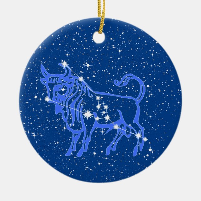 Taurus Zodiac-tecken med stjärnor på djupt blå Julgransprydnad Keramik (Framsidan)