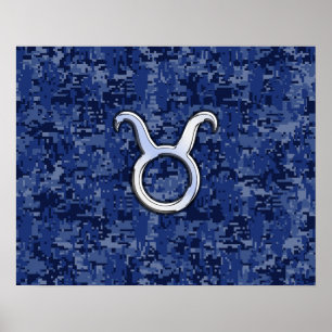 Taurus Zodiac-tecken på marinblå digitalkamouflage Poster